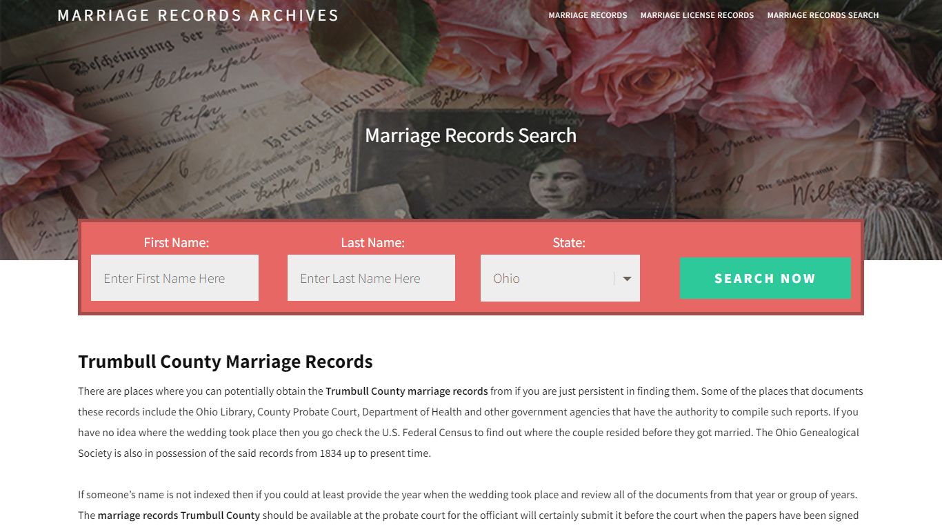 Trumbull County Marriage Records | Enter Name and Search